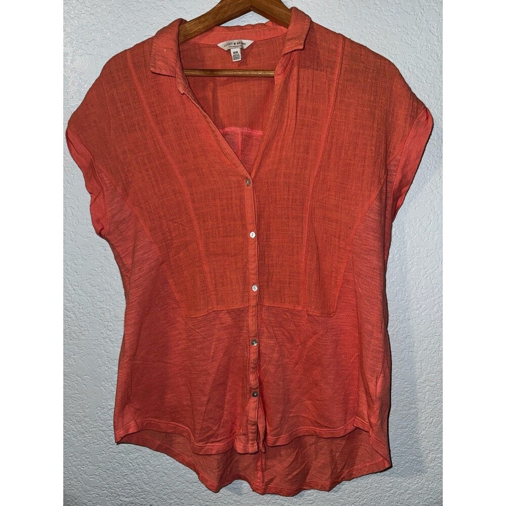 Lucky Brand Womens M Coral Button Front Blouse Short Sleeve Mixed Media Shirt